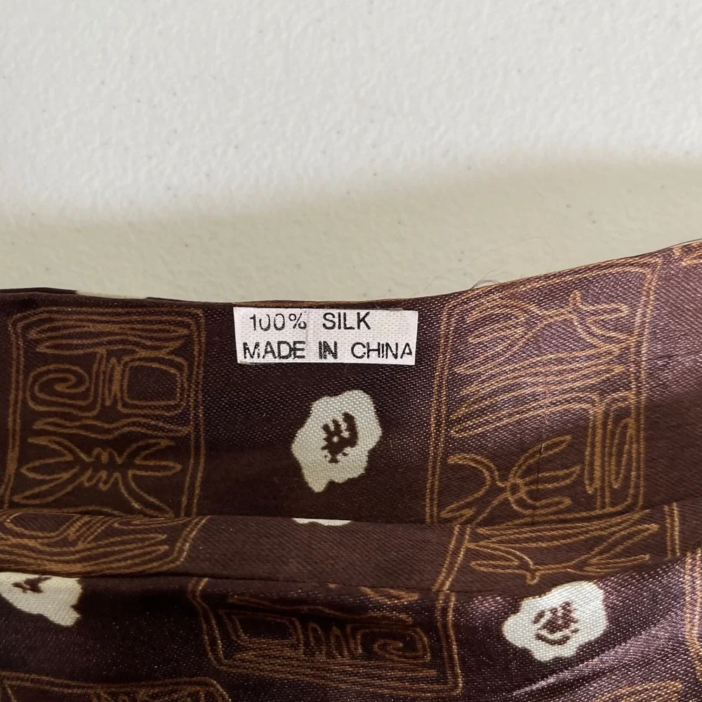 Vintage Silk Scarf Floral‎ Fringe Brown Satin Patterned Tiki 60s 70s Boho Mod